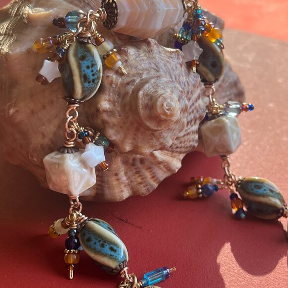 Boho Dangle Bracelet, Banded Agate Gemstone, Ceramic Beads, Wire Wrapped Dangles - Picture 6 of 15